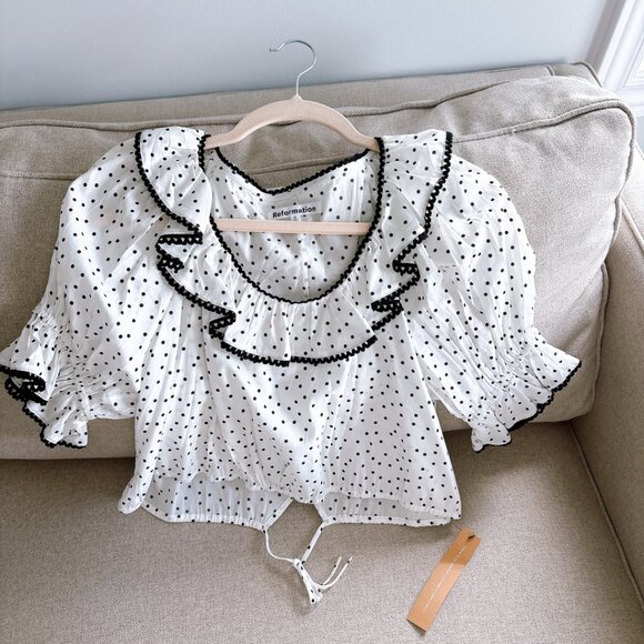 Reformation Tops - Reformation White Polka Dot Ruffle Cropped Top with Black Trim